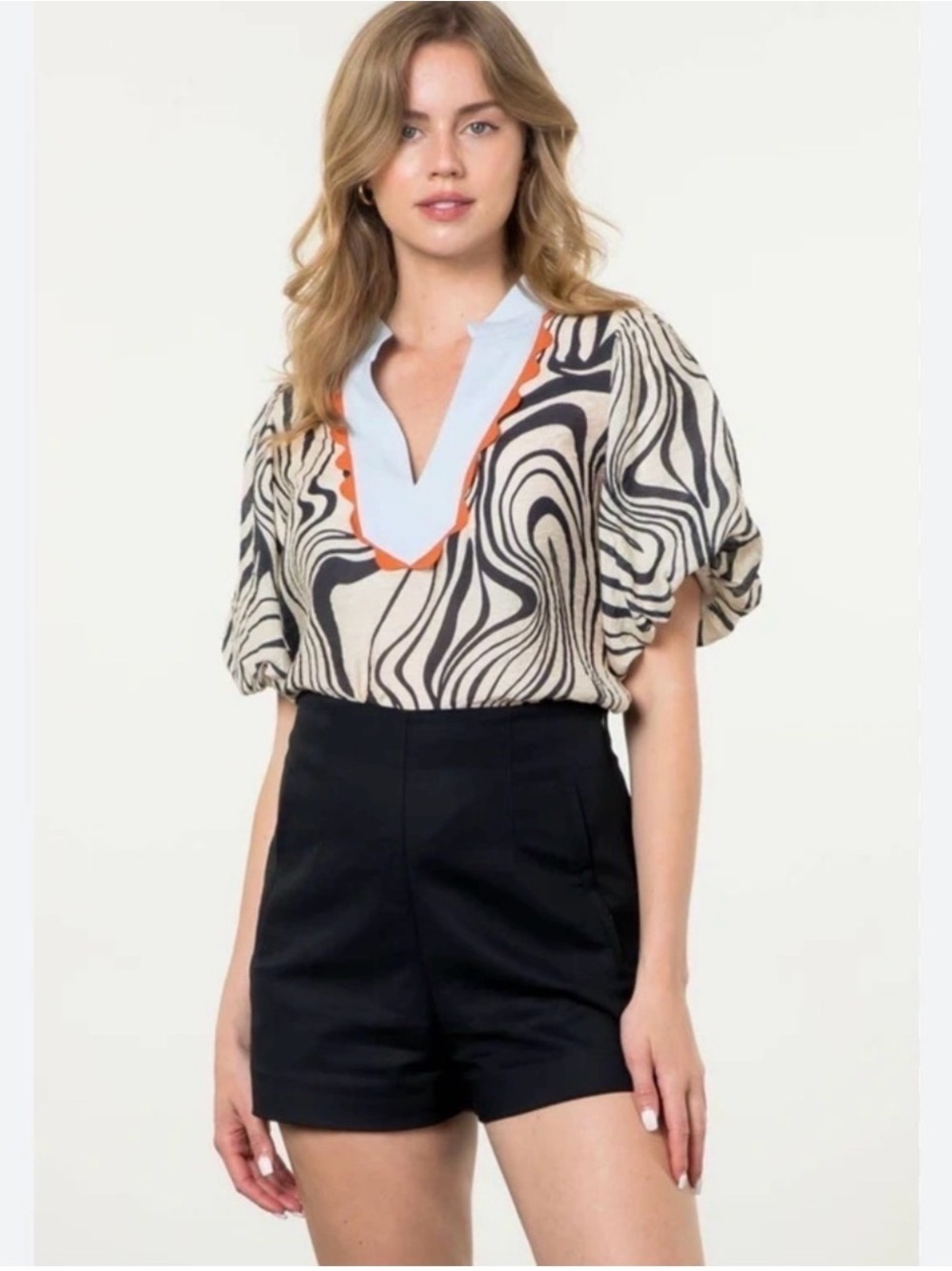 THML Cream and Black Printed Puff-Sleeve Top with Light Blue & Orange Trim